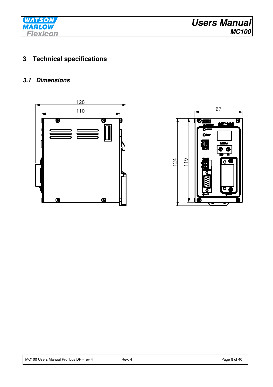 Users manual, Mc100, 3 technical specifications | Watson-Marlow MC100 User Manual | Page 8 / 40