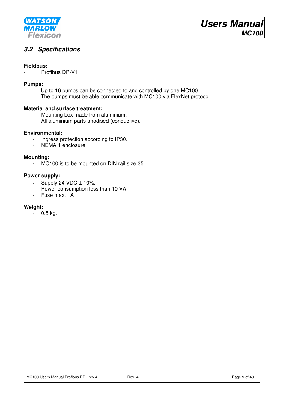 Users manual, Mc100 | Watson-Marlow MC100 User Manual | Page 9 / 40