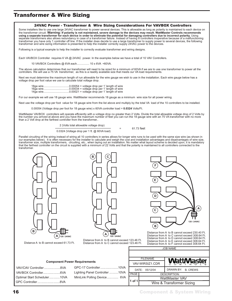 Transformer & wire sizing, Component & system wiring 16 | WattMaster VAV User Manual | Page 16 / 64