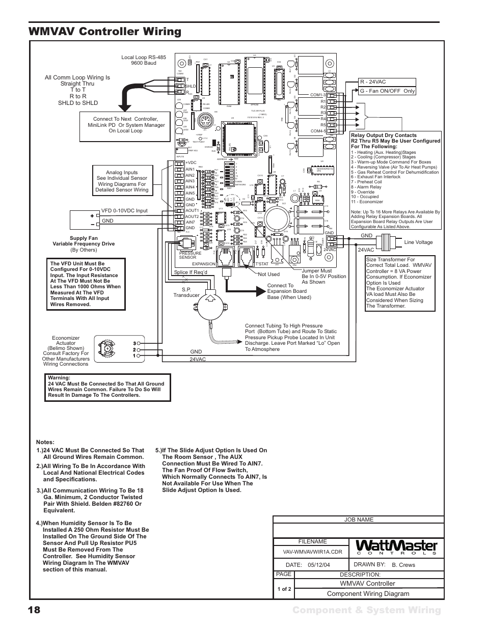 Wmvav controller wiring, Component & system wiring 18, Component wiring diagram | Wmvav controller, All comm loop wiring is straight thru, T to t r to r shld to shld, Vav-wmvavwir1a.cdr, 1 of 2 line voltage, 24vac | WattMaster VAV User Manual | Page 18 / 64