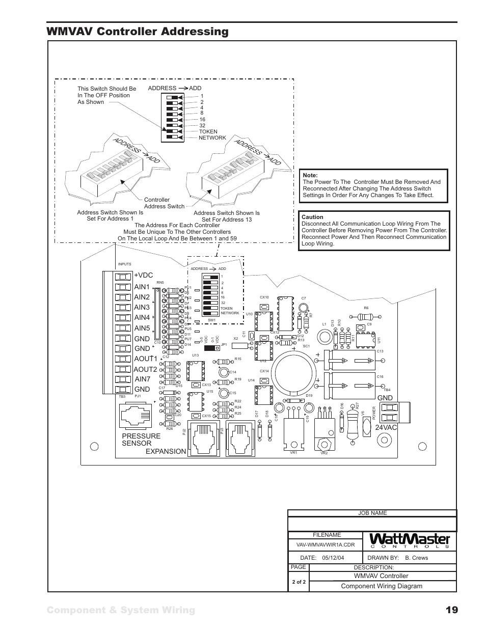 Wmvav controller addressing, Component & system wiring 19, Gnd 24vac | Expansion pressure sensor, Address add address add | WattMaster VAV User Manual | Page 19 / 64