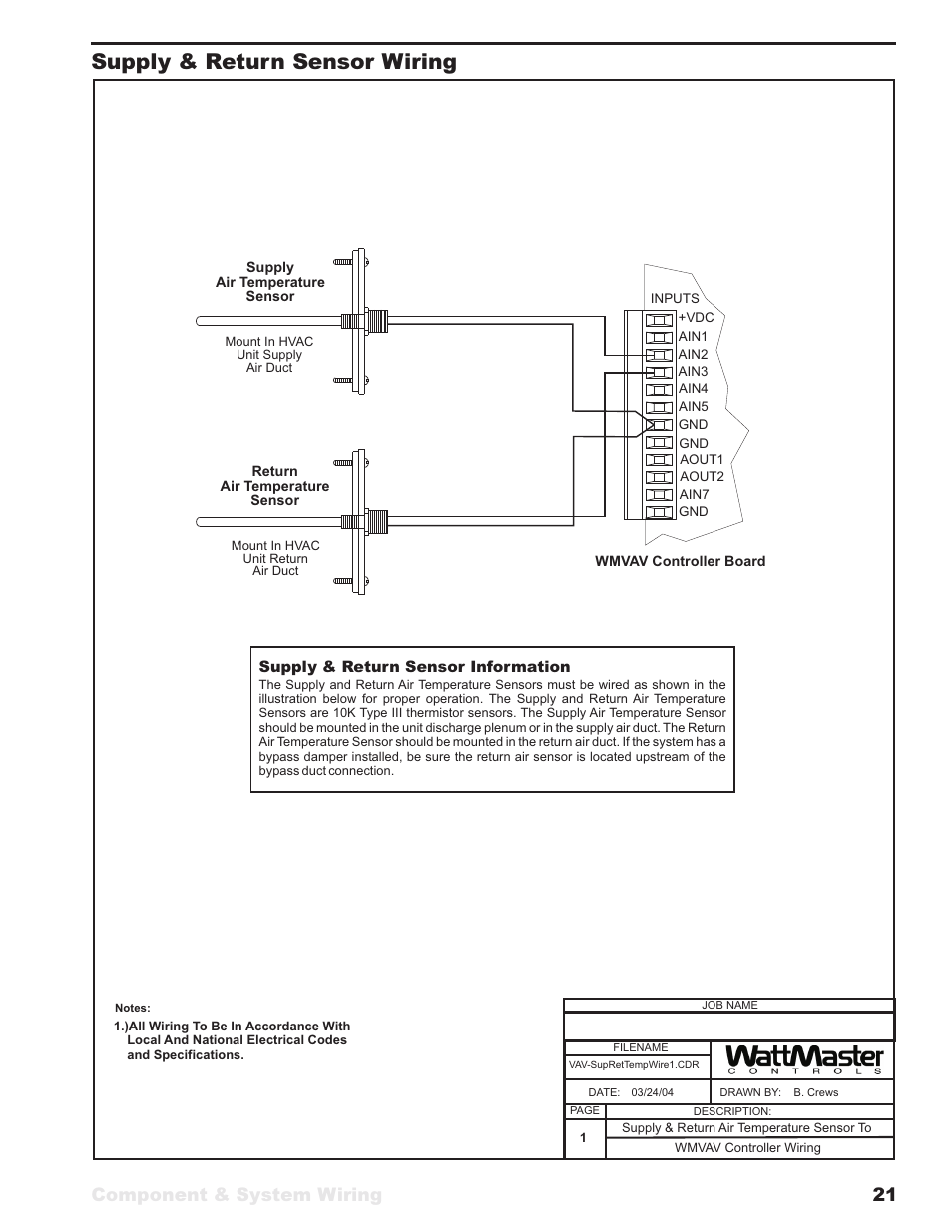 Supply & return sensor wiring, Component & system wiring 21 | WattMaster VAV User Manual | Page 21 / 64