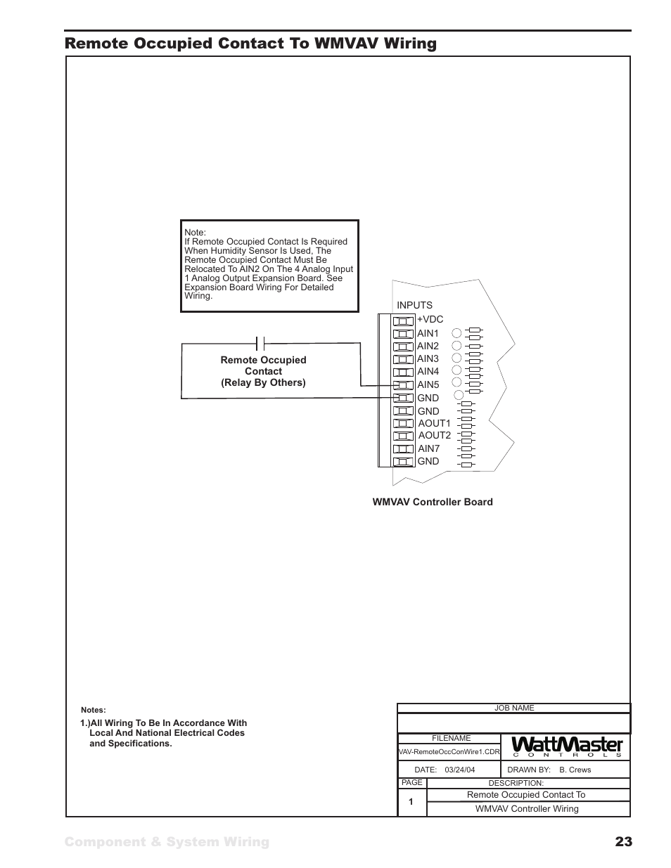 Remote occupied contact to wmvav wiring, Component & system wiring 23 | WattMaster VAV User Manual | Page 23 / 64