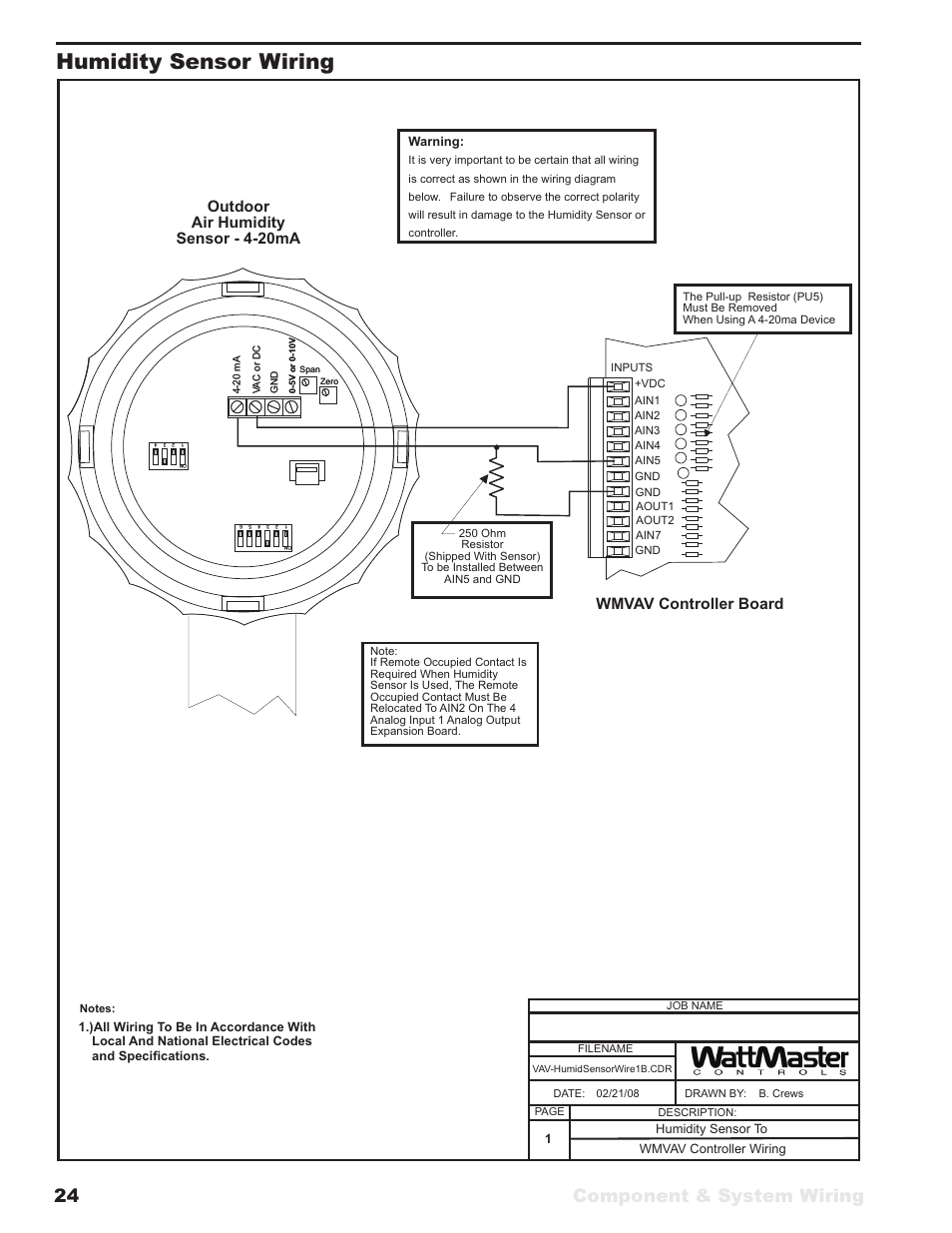 Humidity sensor wiring, Component & system wiring 24 | WattMaster VAV User Manual | Page 24 / 64