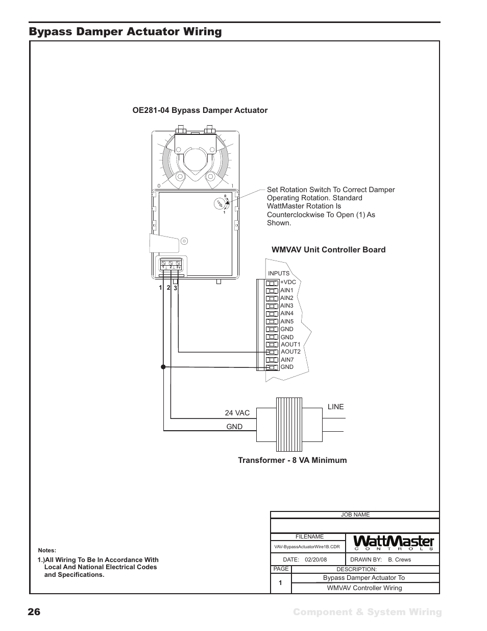 Bypass damper actuator wiring, Component & system wiring 26 | WattMaster VAV User Manual | Page 26 / 64