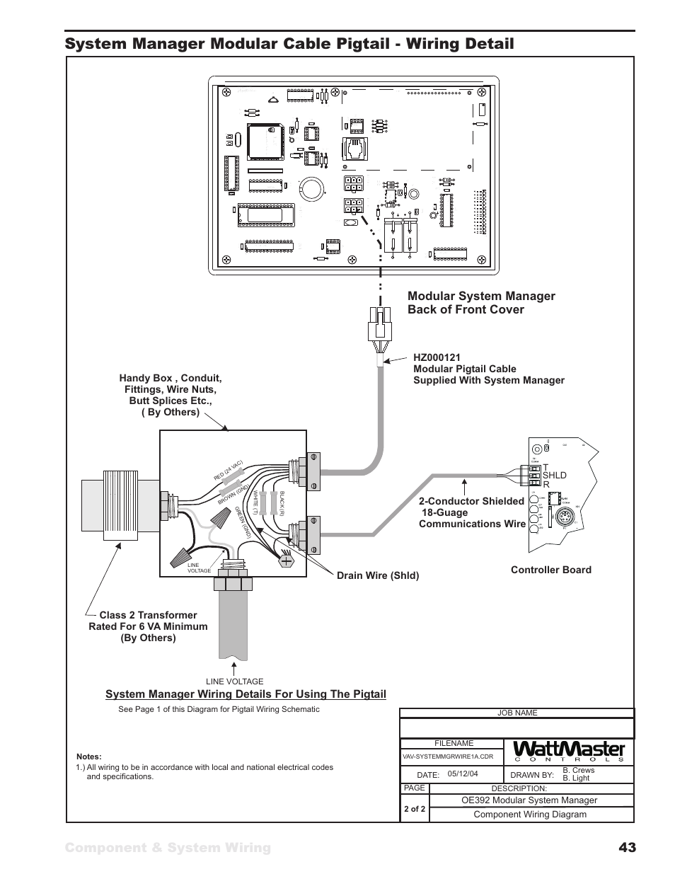 Component & system wiring 43, Modular system manager back of front cover, Philipsphilips | Drain wire (shld), Conductor shielded 18-guage communications wire, Component wiring diagram, Oe392 modular system manager, Tshld r, Job name, 2 of 2 | WattMaster VAV User Manual | Page 43 / 64