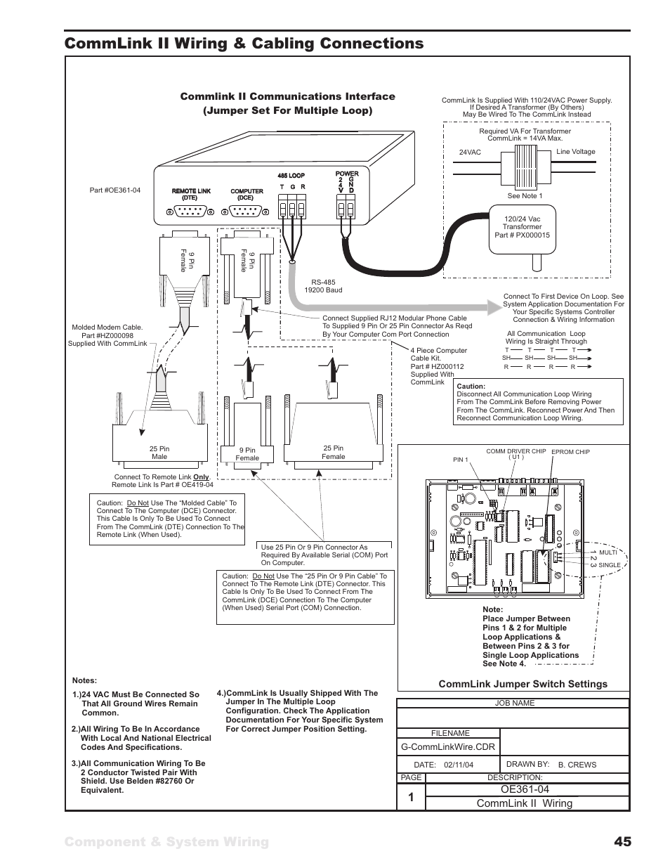 Commlink ii wiring & cabling connections, Component & system wiring 45, Commlink ii wiring | Commlink jumper switch settings | WattMaster VAV User Manual | Page 45 / 64