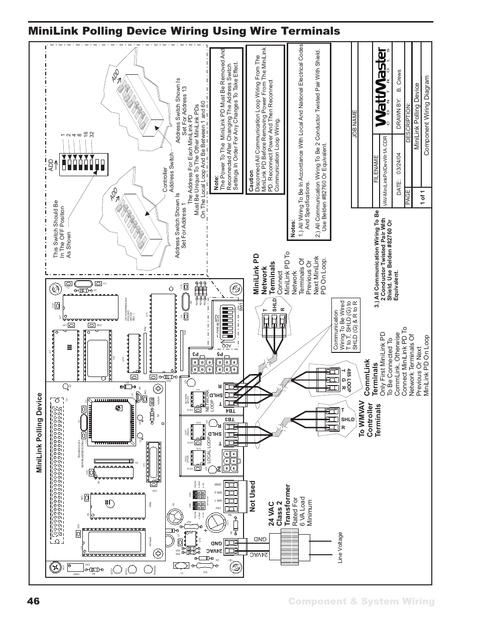 Component & system wiring 46, Minilink polling d evice commlink t erminals, 24 v a c class 2 t ransformer | Philips | WattMaster VAV User Manual | Page 46 / 64
