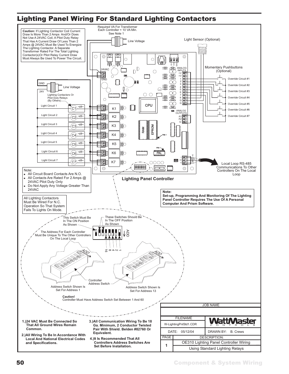 Component & system wiring 50, Lighting panel controller | WattMaster VAV User Manual | Page 50 / 64