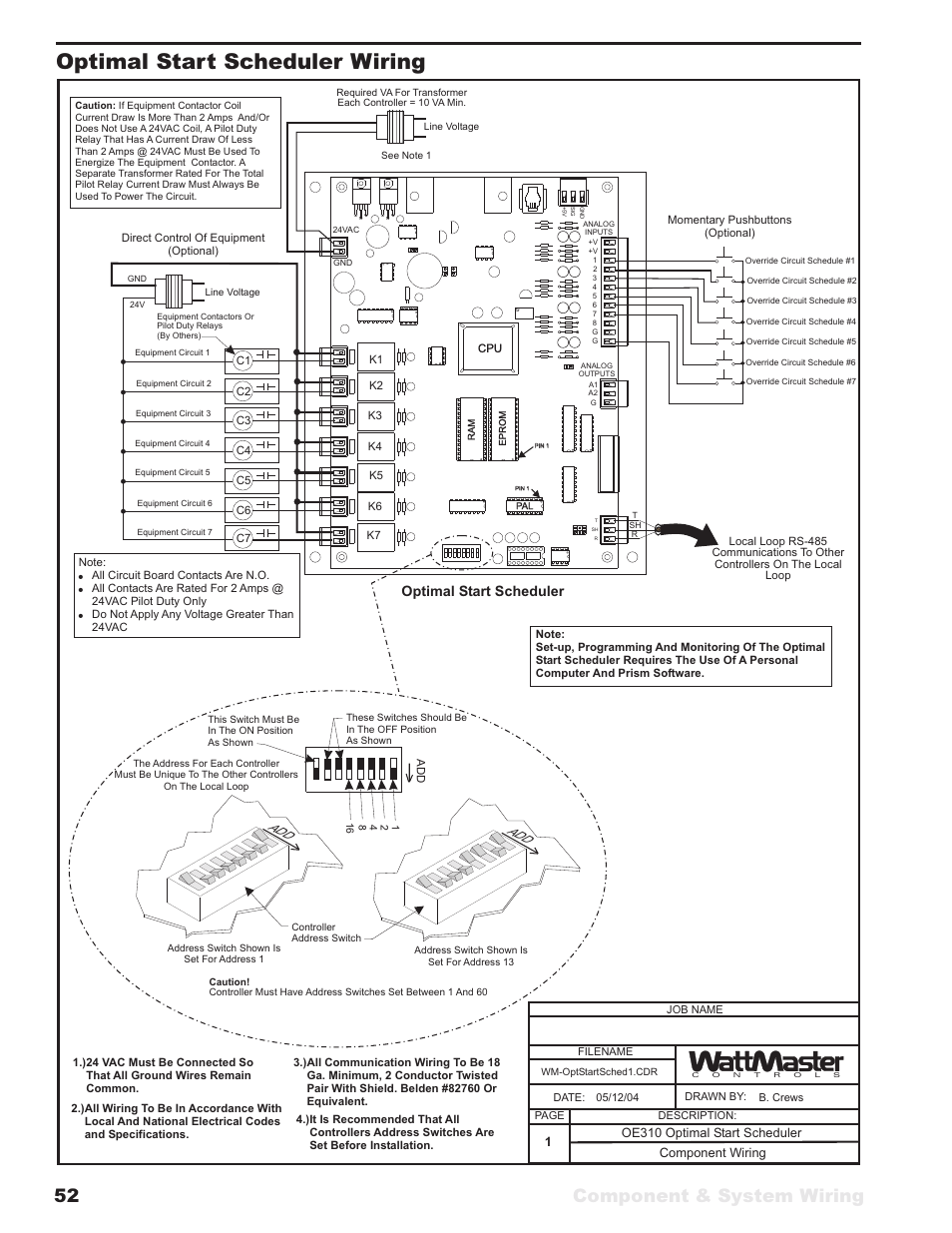 Optimal start scheduler wiring, Component & system wiring 52, Optimal start scheduler | WattMaster VAV User Manual | Page 52 / 64