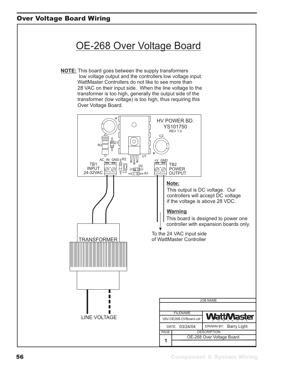 Oe-268 over voltage board, Over voltage board wiring, Component & system wiring 56 | WattMaster VAV User Manual | Page 56 / 64