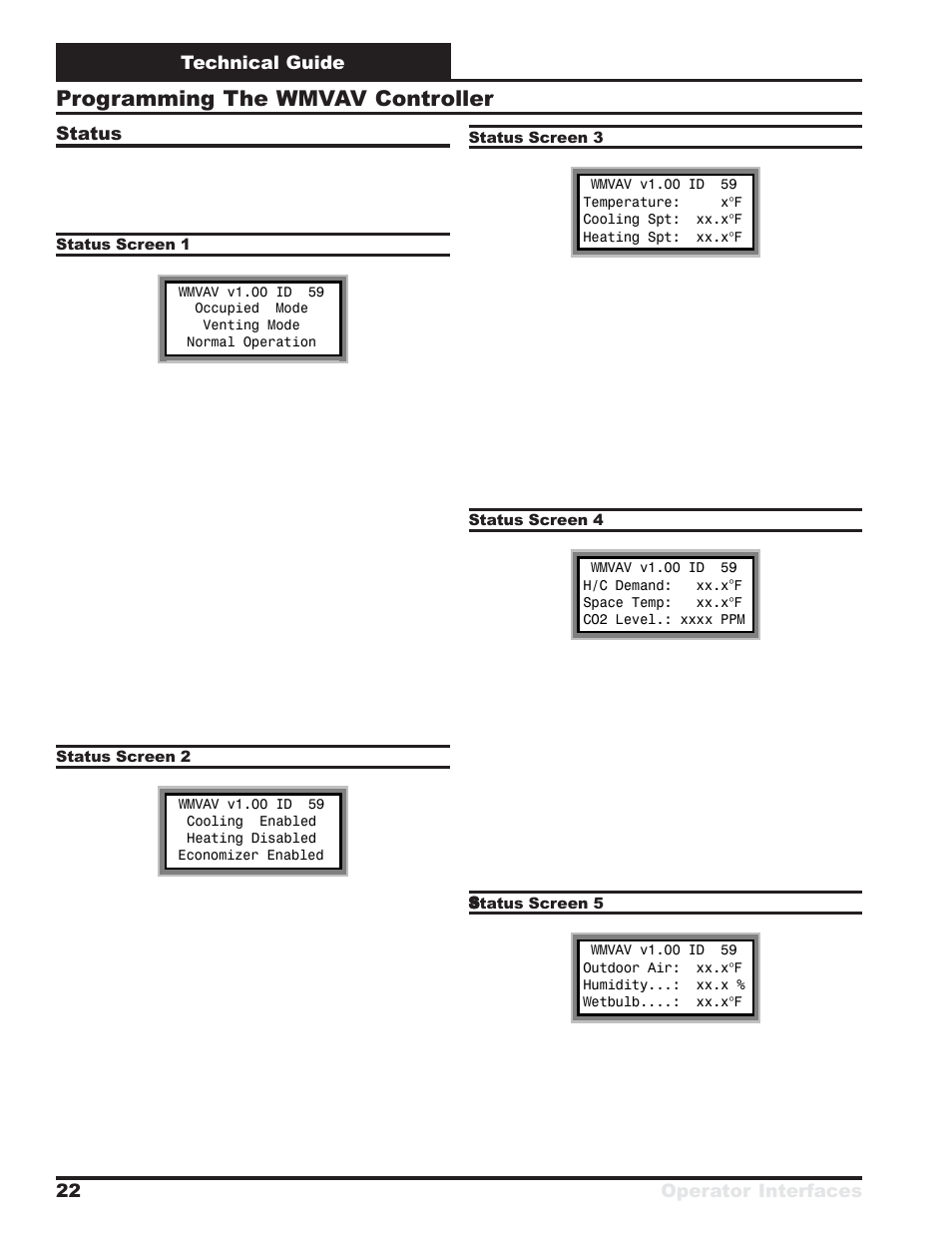 Programming the wmvav controller, Technical guide operator interfaces 22, Status | WattMaster VAV System User Manual | Page 22 / 36