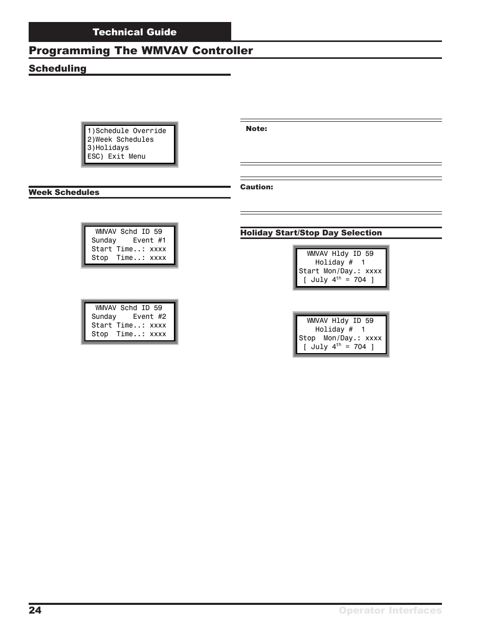 Programming the wmvav controller, Technical guide operator interfaces 24, Scheduling | WattMaster VAV System User Manual | Page 24 / 36