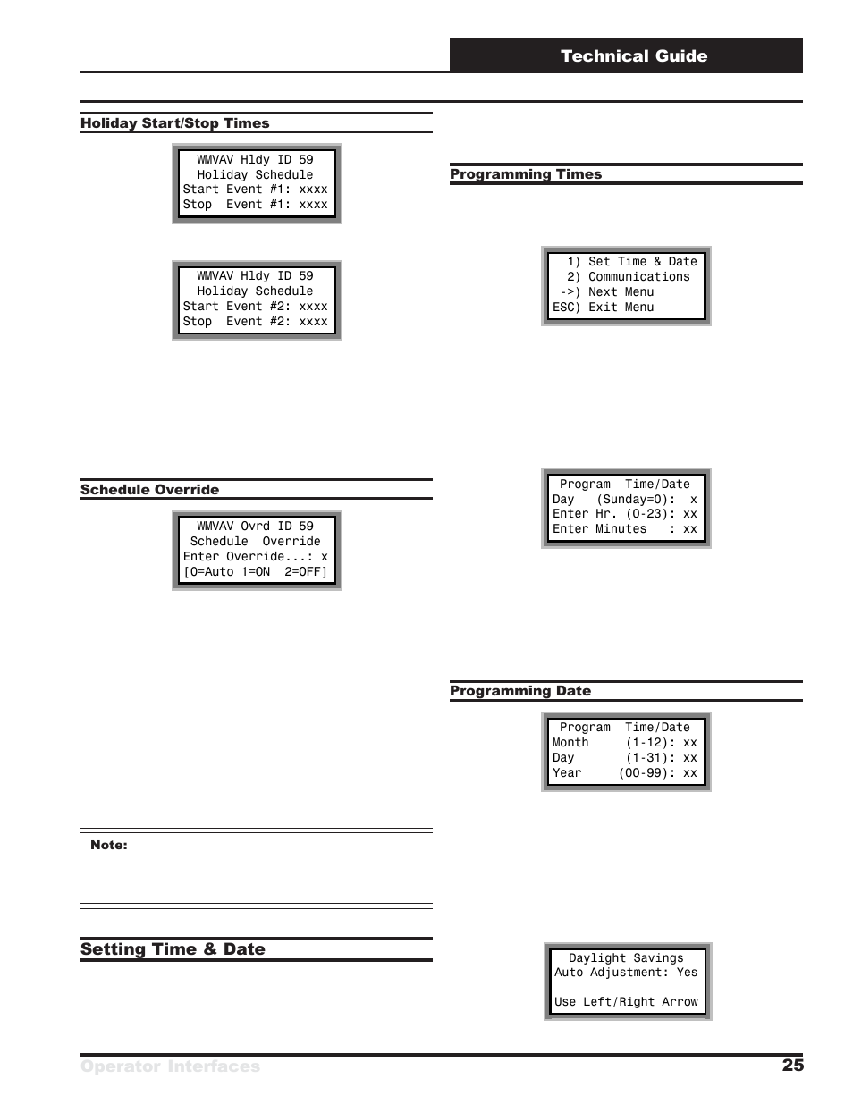 Operator interfaces technical guide 25, Setting time & date | WattMaster VAV System User Manual | Page 25 / 36