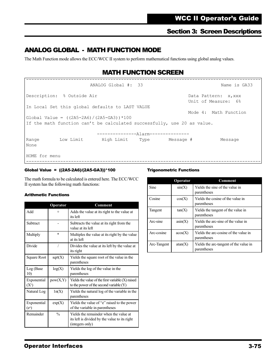 Analog global - math function mode, Math function screen | WattMaster WCC II User Manual | Page 107 / 252