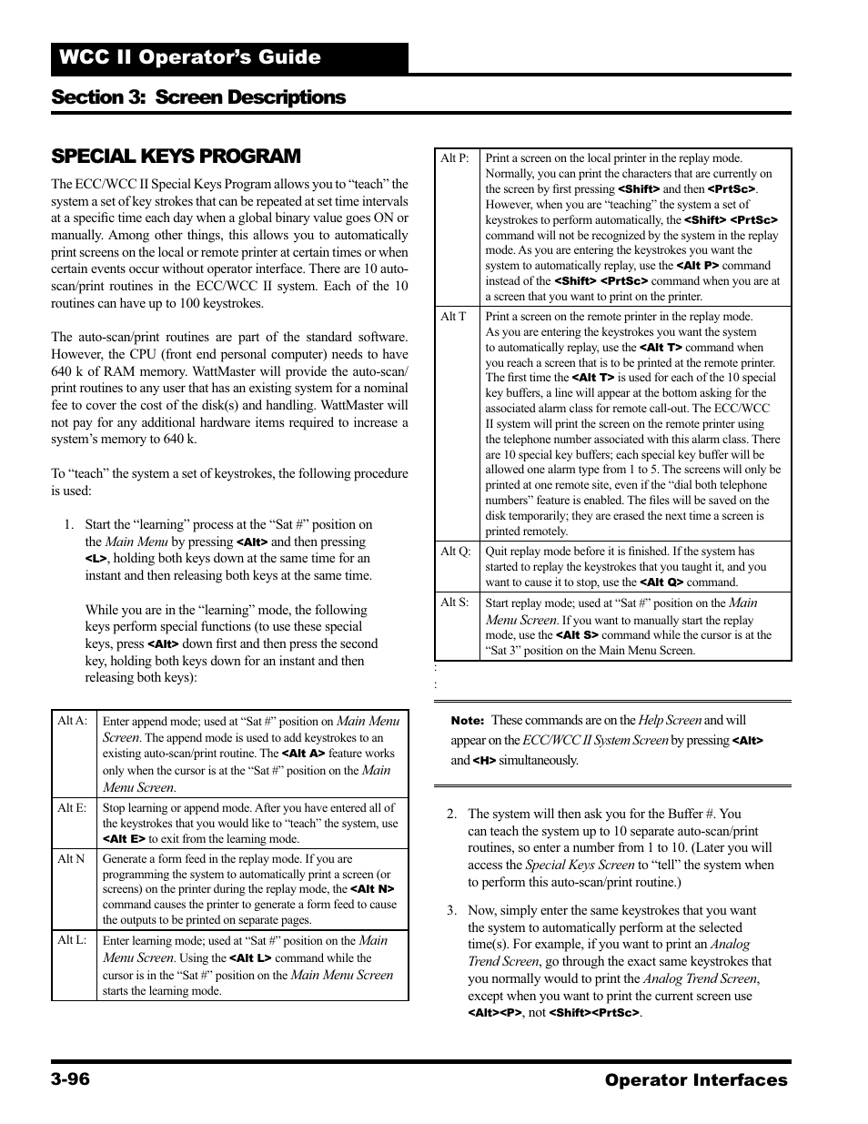 Special keys program, Operator interfaces 3-96 | WattMaster WCC II User Manual | Page 128 / 252