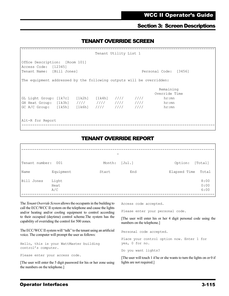 Tenant override screen, Tenant override report | WattMaster WCC II User Manual | Page 147 / 252