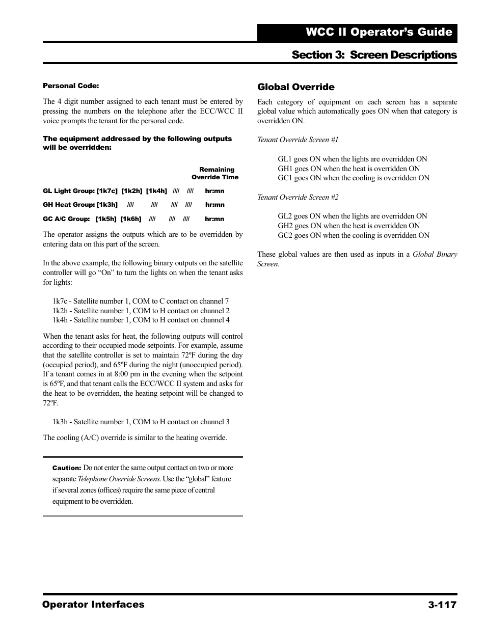 Operator interfaces 3-117, Global override | WattMaster WCC II User Manual | Page 149 / 252