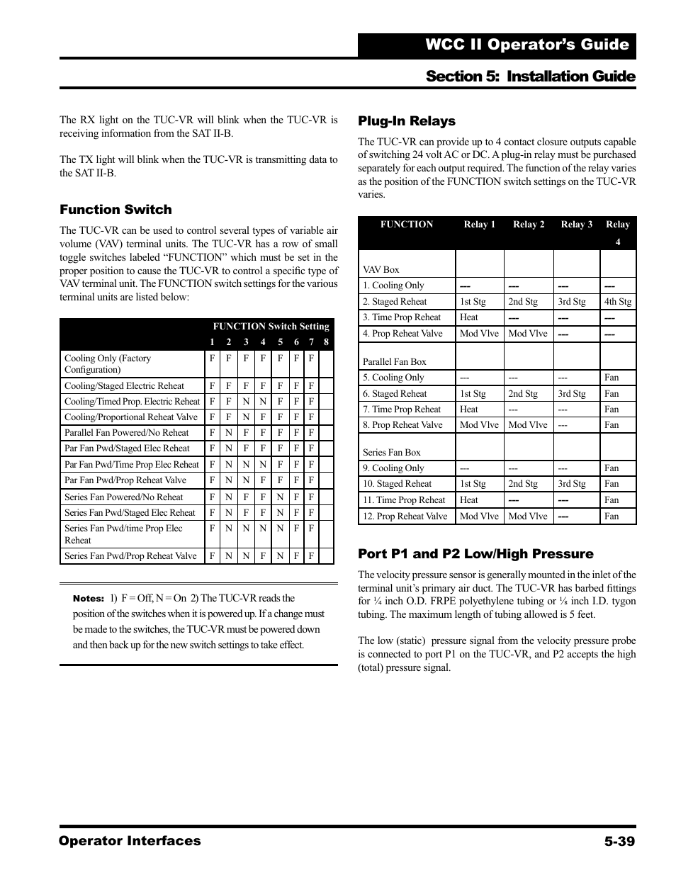 Operator interfaces 5-39, Function switch, Plug-in relays | Port p1 and p2 low/high pressure | WattMaster WCC II User Manual | Page 241 / 252