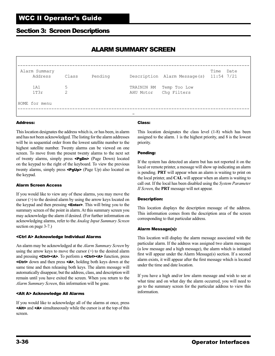 Alarm summary screen | WattMaster WCC II User Manual | Page 68 / 252