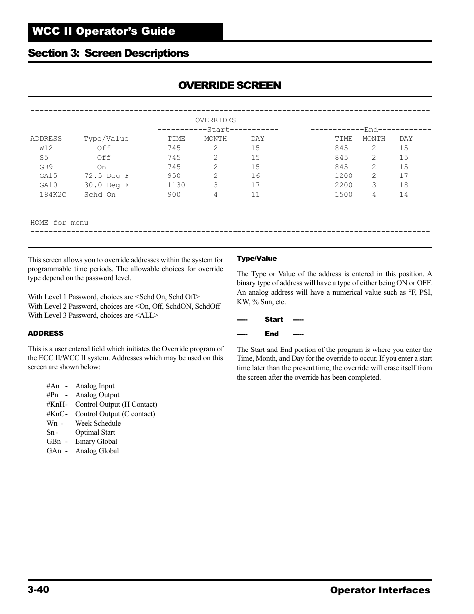 Override screen | WattMaster WCC II User Manual | Page 72 / 252