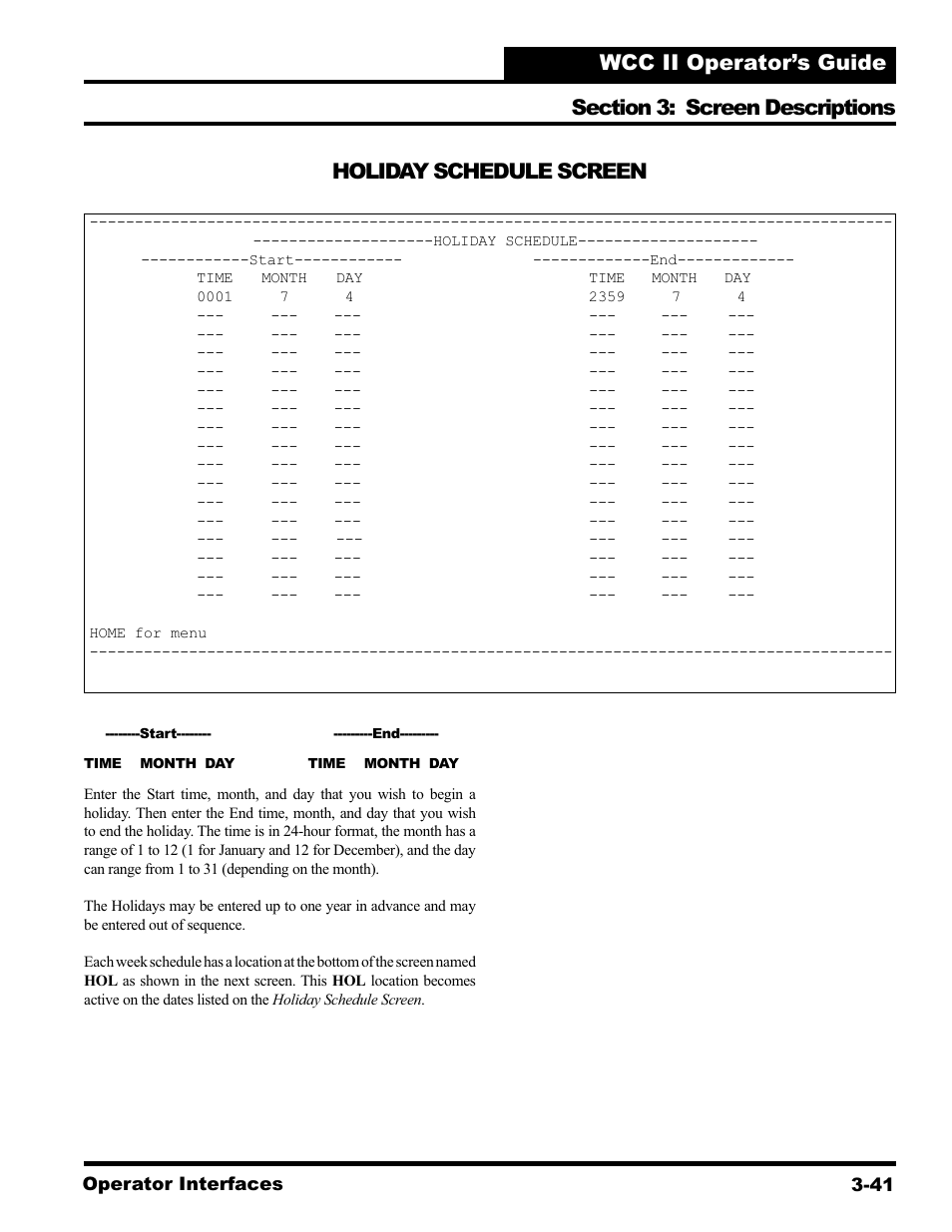Holiday schedule screen | WattMaster WCC II User Manual | Page 73 / 252