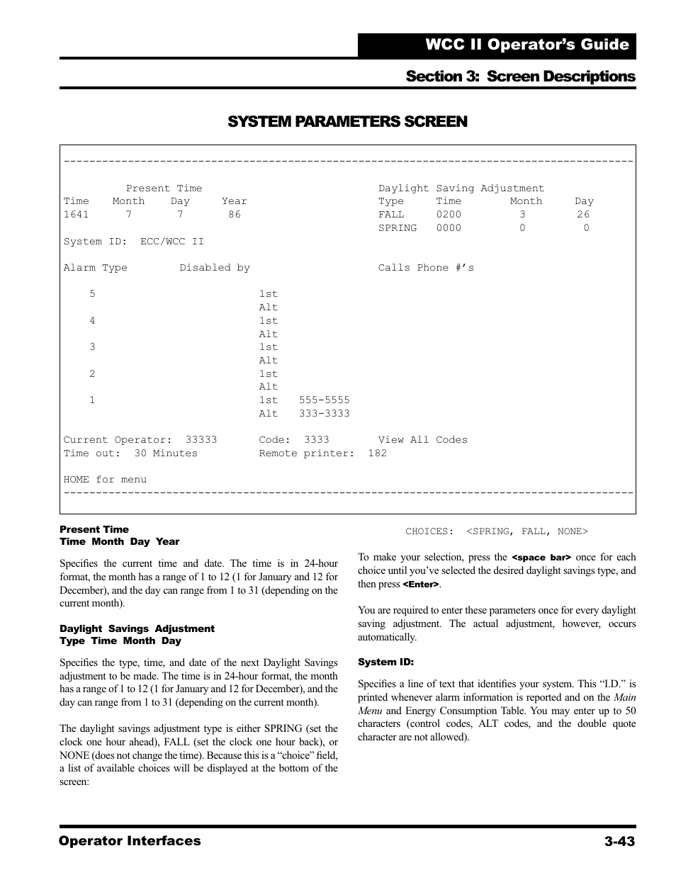 System parameters screen | WattMaster WCC II User Manual | Page 75 / 252