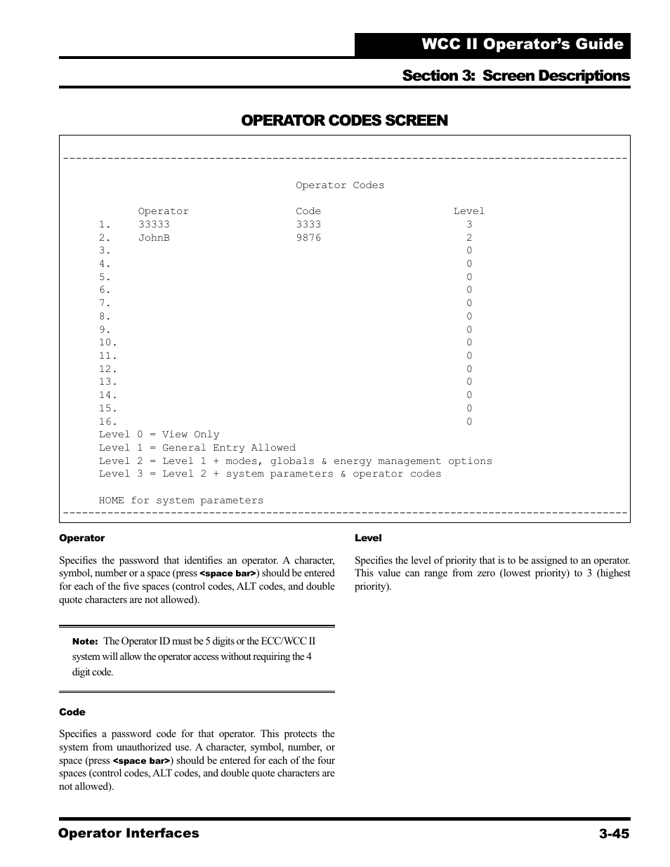 Operator codes screen | WattMaster WCC II User Manual | Page 77 / 252