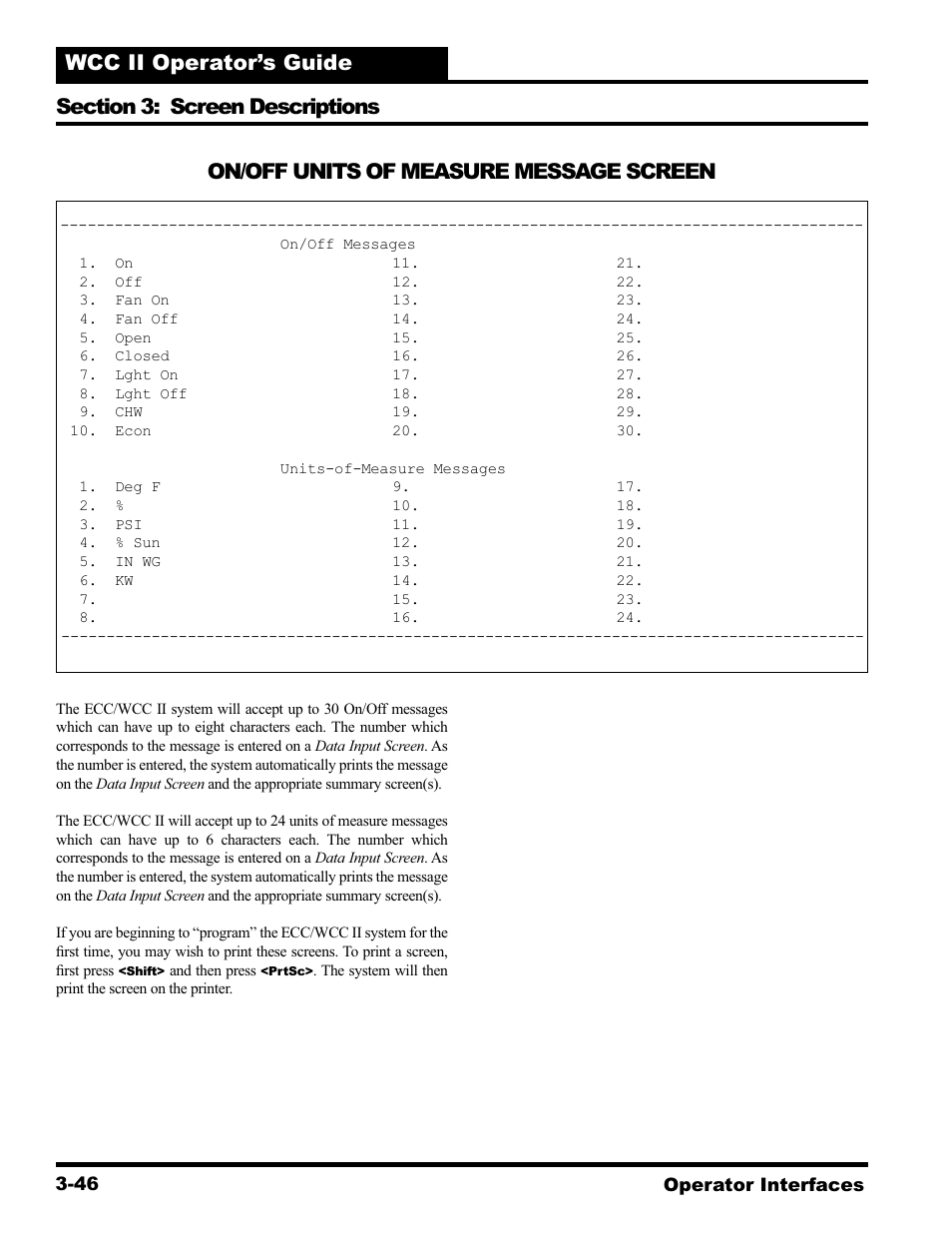 On/off units of measure message screen | WattMaster WCC II User Manual | Page 78 / 252