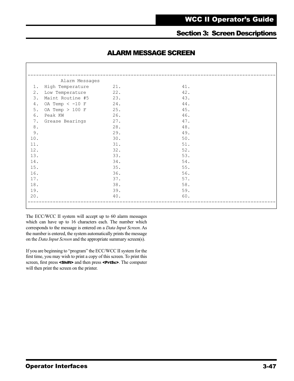 Alarm message screen | WattMaster WCC II User Manual | Page 79 / 252