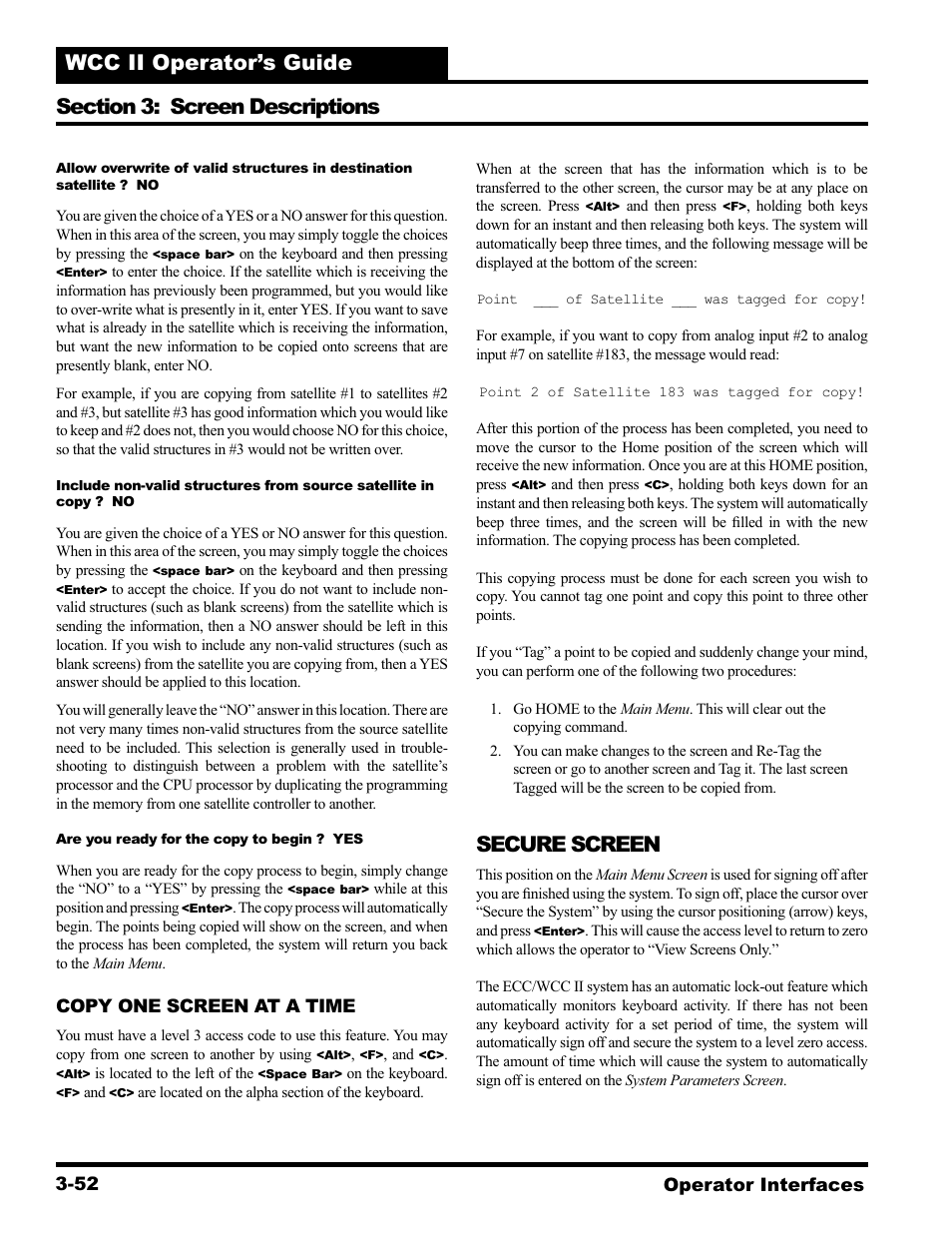 Secure screen, Operator interfaces 3-52, Copy one screen at a time | WattMaster WCC II User Manual | Page 84 / 252
