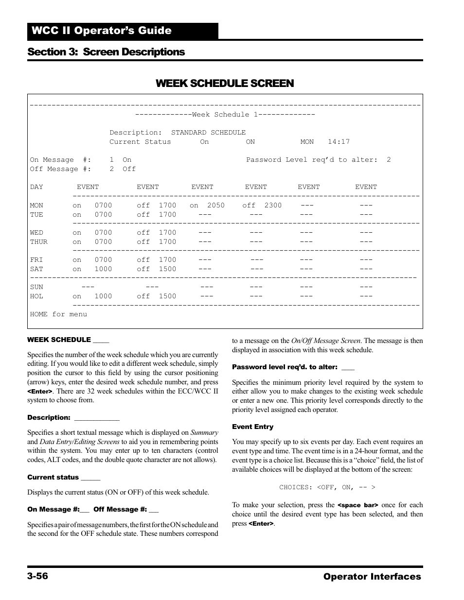 Week schedule screen | WattMaster WCC II User Manual | Page 88 / 252