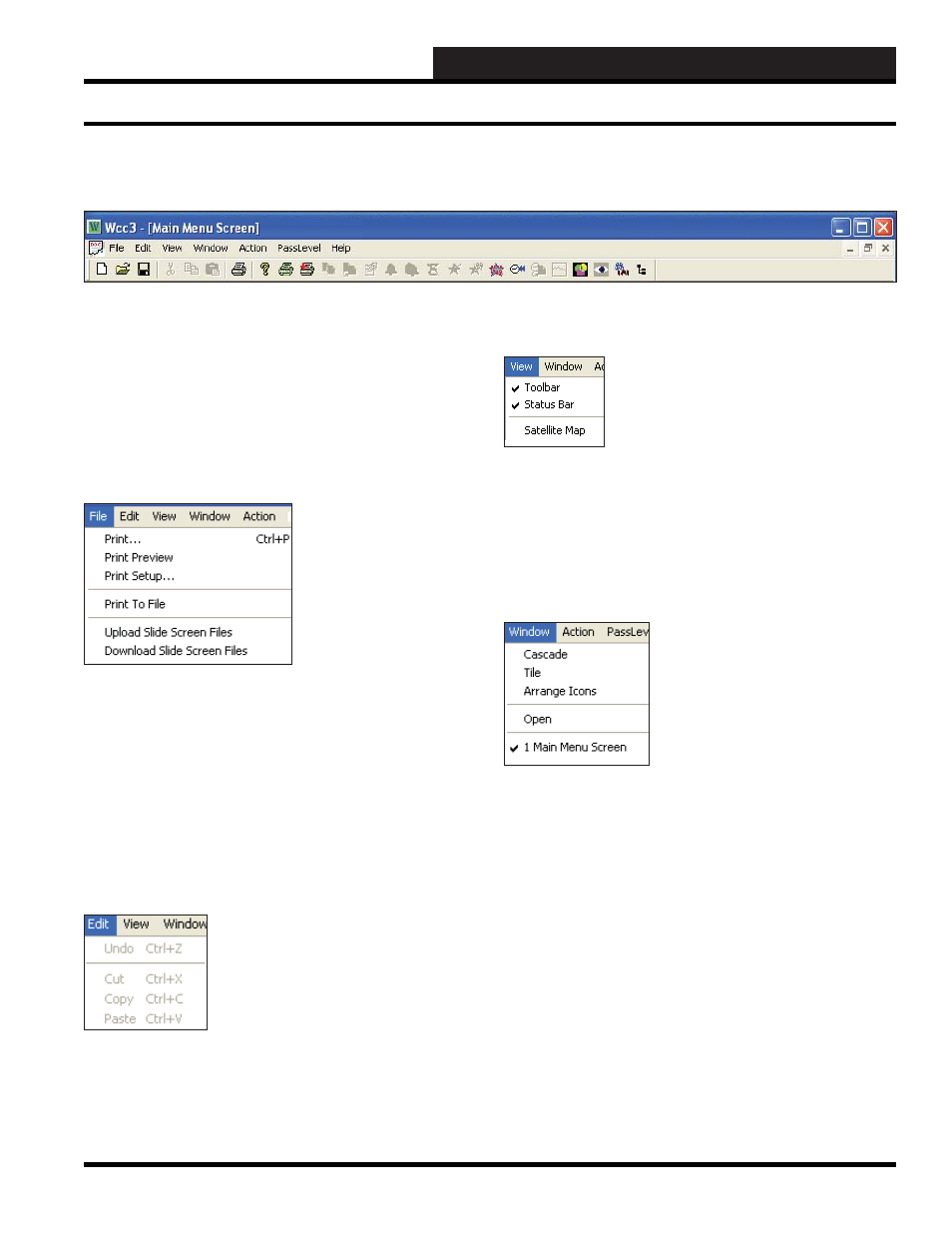 Wcc iii main menu tool bar, Wcc iii technical guide 3-3, File menu | Edit menu, View menu, Window menu | WattMaster WM-WCC3-TGD-01B User Manual | Page 117 / 846