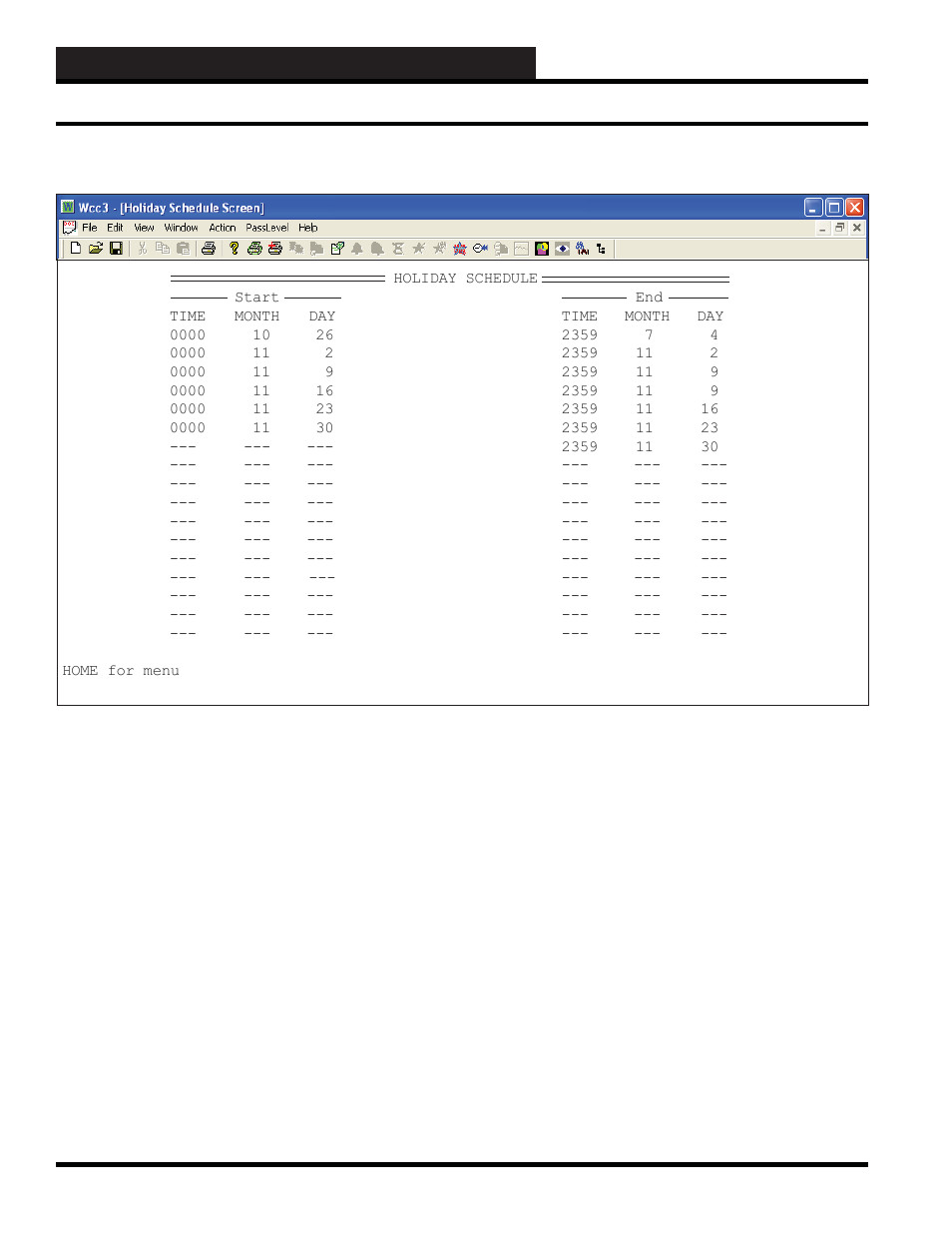 Wcc3.exe screen descriptions, Holiday schedule screen holiday schedule screen | WattMaster WM-WCC3-TGD-01B User Manual | Page 206 / 846