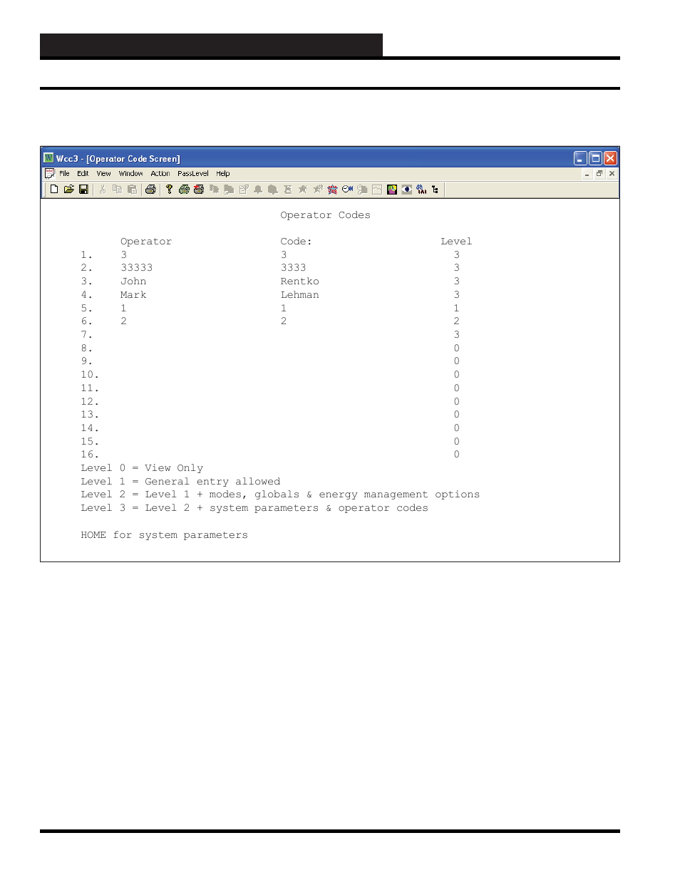 Wcc3.exe screen descriptions, Operator codes screen | WattMaster WM-WCC3-TGD-01B User Manual | Page 212 / 846