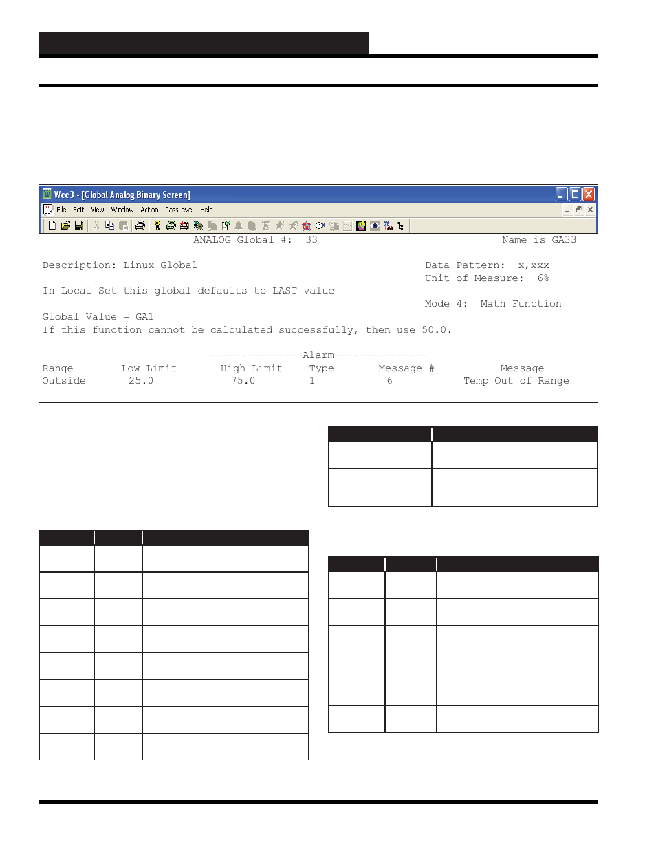 Wcc3.exe screen descriptions, Analog global - math function mode, Math function screen | Analog global math function mode screen, Wcc iii technical guide 3-140 | WattMaster WM-WCC3-TGD-01B User Manual | Page 254 / 846