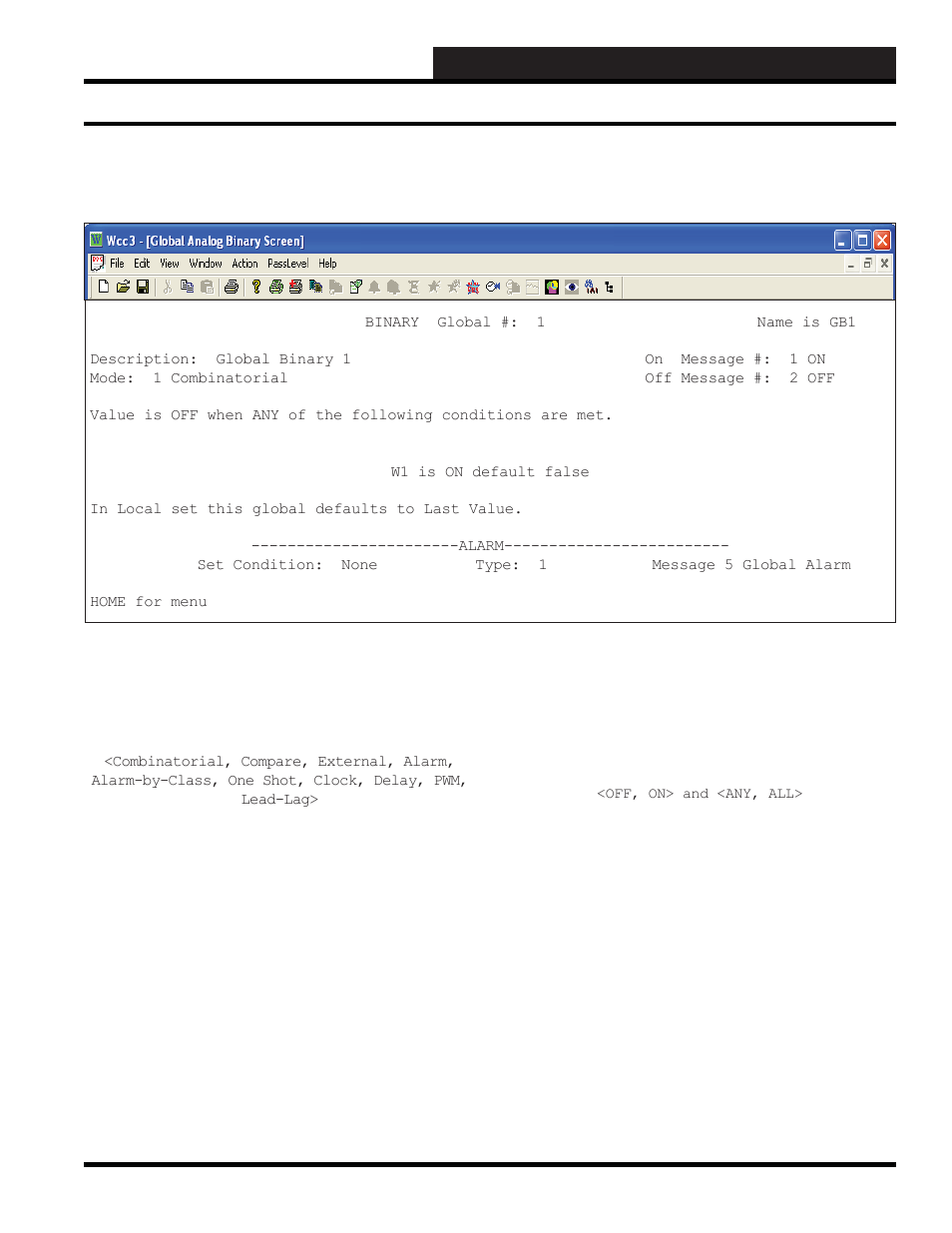 Wcc3.exe screen descriptions, Binary global screen combinatorial mode, Binary global combinatorial mode screen | WattMaster WM-WCC3-TGD-01B User Manual | Page 277 / 846