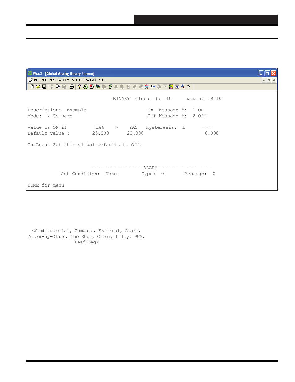 Wcc3.exe screen descriptions, Binary global screen compare mode, Binary global compare mode screen | WattMaster WM-WCC3-TGD-01B User Manual | Page 279 / 846