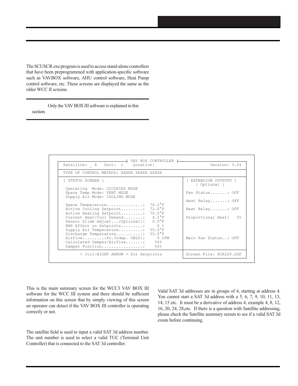 Scuscr.exe screens, Vav box iii for wcc iii software screens, Vav box iii status screen | Wcc iii technical guide 4-17 | WattMaster WM-WCC3-TGD-01B User Manual | Page 327 / 846