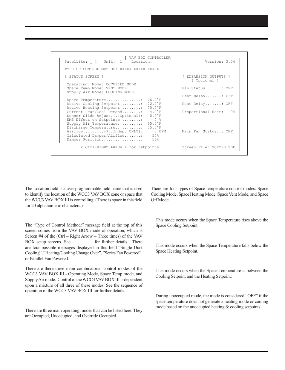 Scuscr.exe screens, Vav box iii status screen, Wcc iii technical guide 4-19 | WattMaster WM-WCC3-TGD-01B User Manual | Page 329 / 846