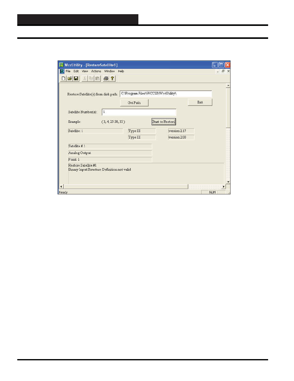 Wccutility.exe screens, Restore satellite screen restore satellite screen | WattMaster WM-WCC3-TGD-01B User Manual | Page 390 / 846