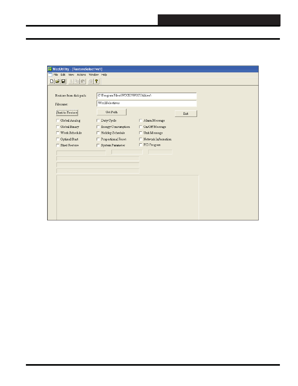 Wccutility.exe screens, Restore selectives, Restore selectives screen | WattMaster WM-WCC3-TGD-01B User Manual | Page 411 / 846