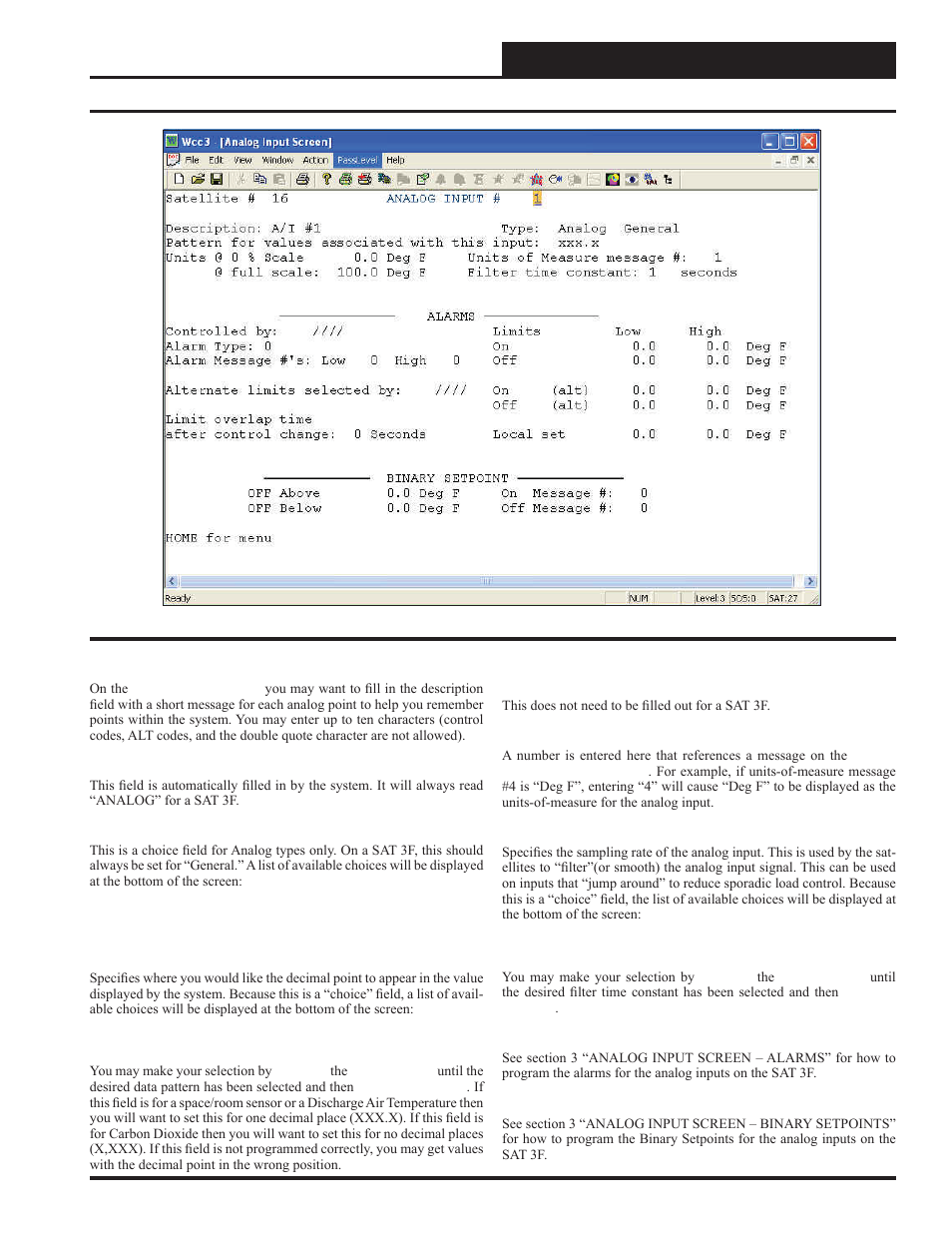 Analog input screens, Programming a sat 3f | WattMaster WM-WCC3-TGD-01B User Manual | Page 835 / 846