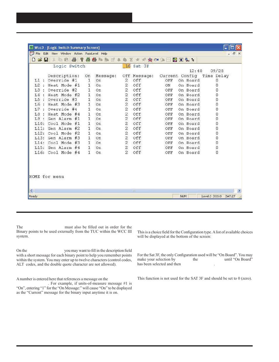 Logic switch summary screen, Programming a sat 3f | WattMaster WM-WCC3-TGD-01B User Manual | Page 838 / 846