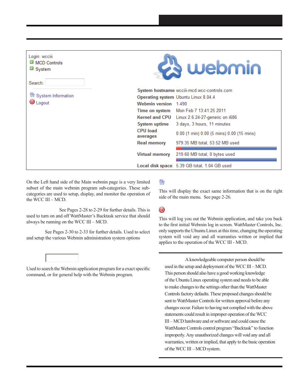 Initiating the system, Webmin administration - limited version | WattMaster WCC III part 3 User Manual | Page 29 / 44