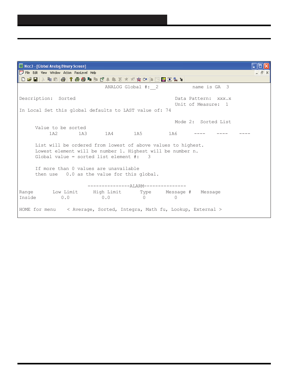 Wcc3.exe screen descriptions, Analog global - sorted list, Analog global sorted list screen | WattMaster WCC III part 4 User Manual | Page 134 / 198
