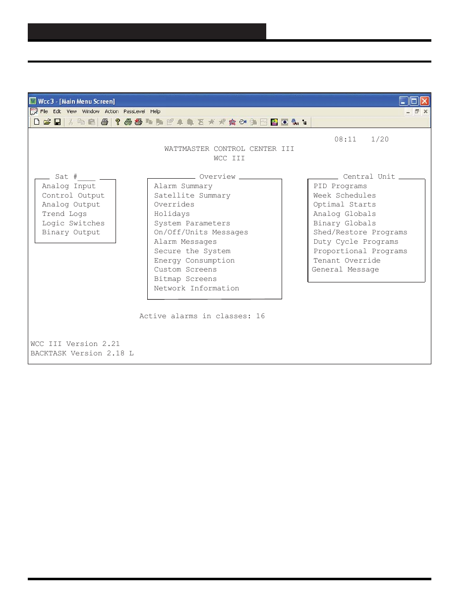 Wcc3.exe screen descriptions, Main menu screen | WattMaster WCC III part 4 User Manual | Page 14 / 198