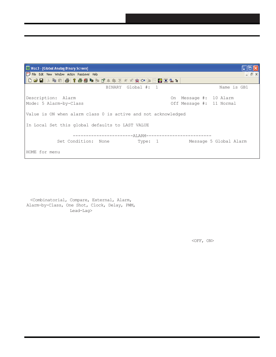 Wcc3.exe screen descriptions, Binary global screen alarm-by-class mode, Binary global alarm-by-class mode screen | WattMaster WCC III part 4 User Manual | Page 175 / 198
