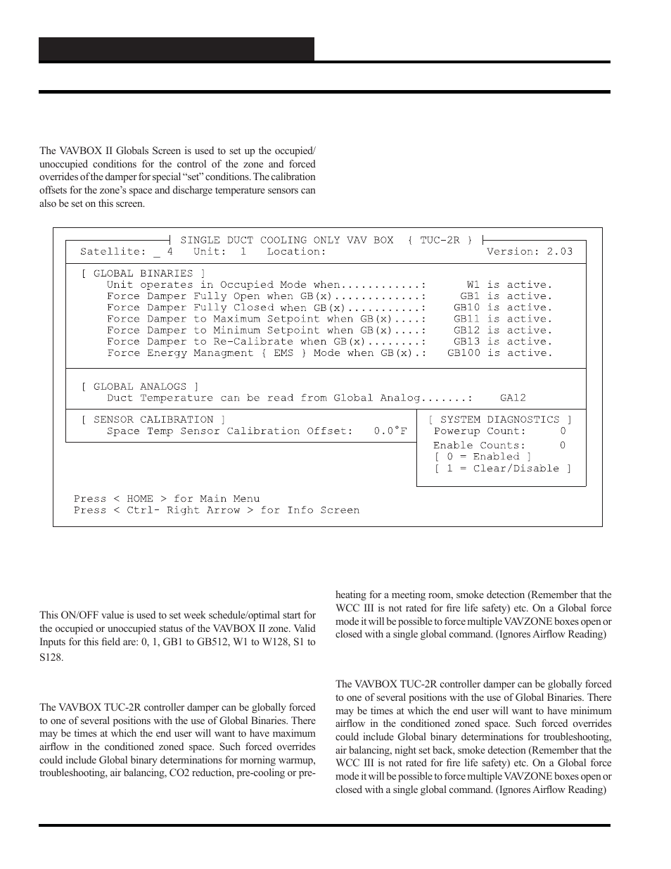 Scuscr.exe screens, Single duct globals and mode of operation screens, Vavbox ii globals screen | WattMaster WCC III part 5 User Manual | Page 36 / 72