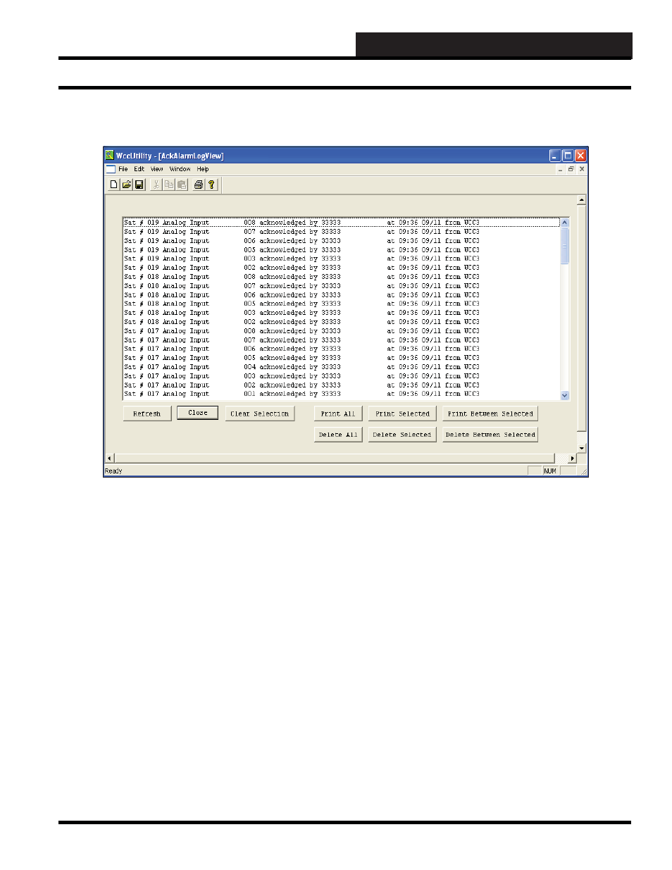 Wccutility.exe screens, Acknowledge alarm log, Acknowledge alarm log screen | WattMaster WCC III part 6 User Manual | Page 21 / 44